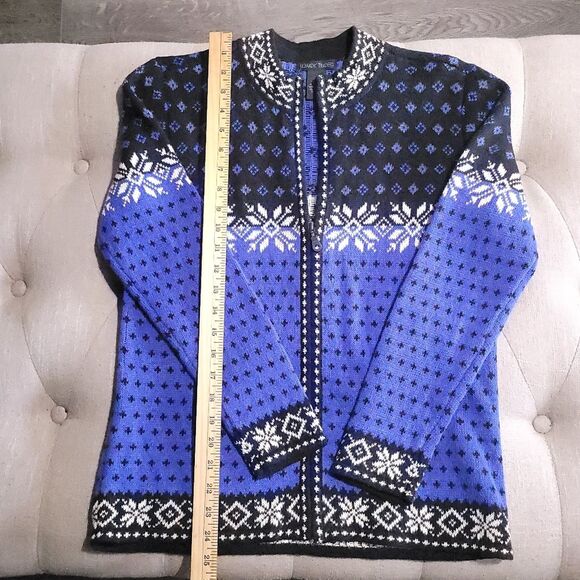 NOMADIC TRADERS Blue Fair Isle Snowflake Zip Up Cardigan Womens Medium - Picture 9 of 10